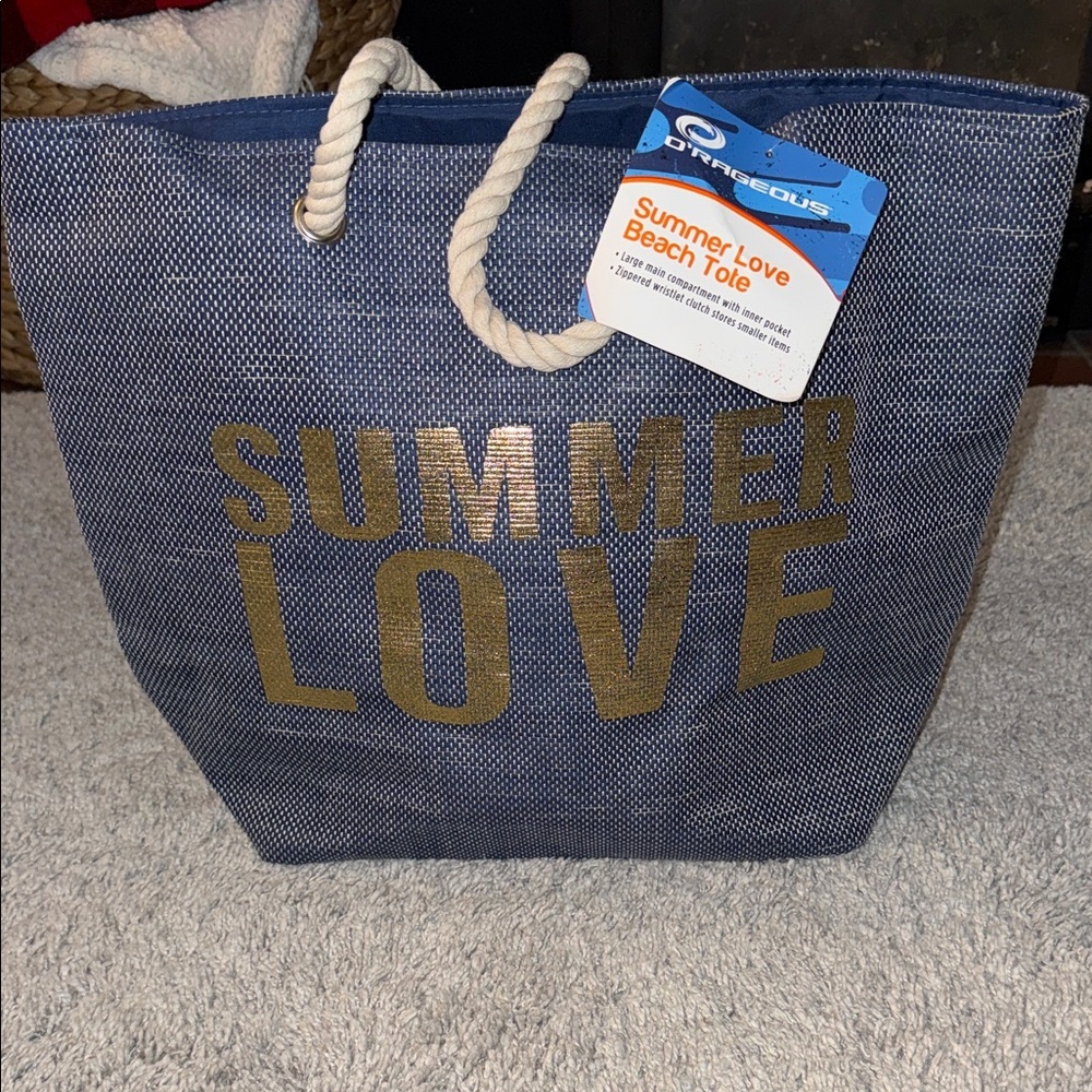 NWT Summer Love Beach Tote - Navy with Gold Lettering pouch included beach tote